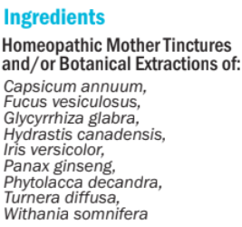 Supplement facts for hb#02 Glandula (Endocrine) 50ml listing ingredients including Ashwagandha (Withania somnifera), Damiana (Turnera diffusa), Glycyrrhiza glabra, Korean Ginseng (Panax ginseng), Licorice