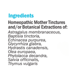 Supplement facts for hbI (Immune Infection) 50ml listing ingredients including Astragalus, Echinacea purpurea, Glycyrrhiza glabra, Licorice, Olea europaea