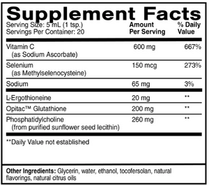 Supplement facts for Ergo-Thione+ 100ml listing ingredients including Ergothioneine, Glutathione, Lecithin, Phosphatidylcholine, Selenium