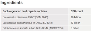 Supplement facts for IBS Support 60 caps listing ingredients including Bifidobacterium, Bifidobacterium Breve Bb-18, Bifidobacterium animalis ssp. lactis, Lactobacillus acidophilus LA14, Lactobacillus plantarum 299v