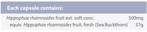 Supplement facts for Seabuckthorn Clinical 60 capsules listing ingredients including Sea buckthorn