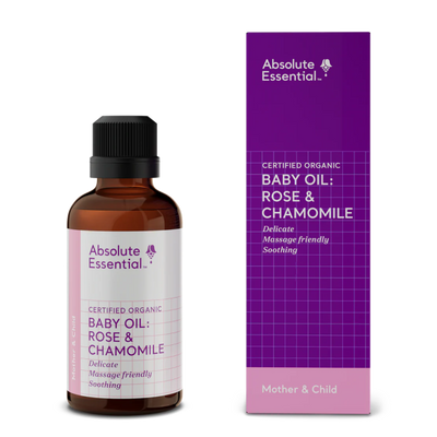 A supplement container of Baby Oil: Rose & Camomile 50ml by Absolute Essential