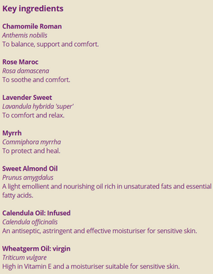 Supplement facts for Baby Oil: Rose & Camomile 50ml listing ingredients including Chamomile, Commiphora myrrha, Lavender Extract, Matricaria Recutita, Myrrh resin