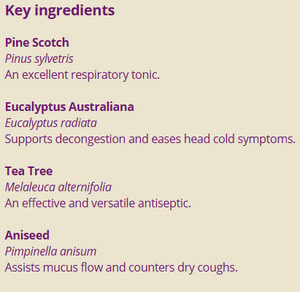 Supplement facts for Breathe Well 10ml listing ingredients including Pimpinella (Pimpinella anisum), Pine (Pinus spp.), Tea tree oil (Melaleuca alternifolia)