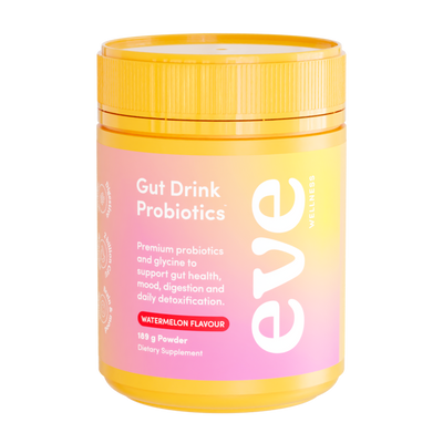 A supplement container of Gut Drink Probiotics by Eve