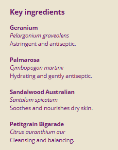 Supplement facts for Clear Skin 10ml listing ingredients including Bergamot, Citrus aurantium, Sandalwood (Santalum album)