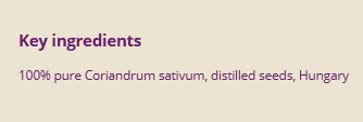 Supplement facts for Coriander Seed 10ml listing ingredients including Coriandrum sativum