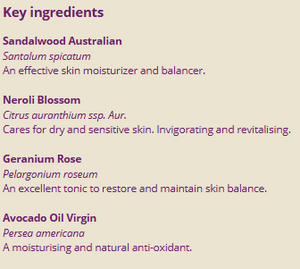 Supplement facts for Face Serum 25ml listing ingredients including Bergamot, Citrus aurantium, Sandalwood (Santalum album)