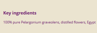 Supplement facts for Geranium 10ml listing ingredients including Geranium Oil