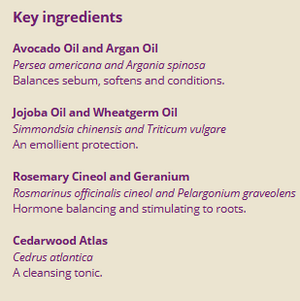 Supplement facts for Hair Restorer 50ml listing ingredients including Argan oil, Atlas Cedarwood, Cedarwood Oil, Geranium Oil, Jojoba Oil