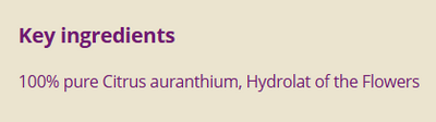 Supplement facts for Neroli Water 100ml listing ingredients including Bergamot, Citrus Begamot Extract, Citrus aurantium