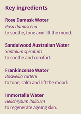 Supplement facts for Rose & Frankincense: Facial Toner 100ml listing ingredients including Boswellia Serrata, Sandalwood (Santalum album)