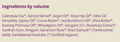 Supplement facts for Rose & Frankincense: Night Cream	50ml listing ingredients including Argan oil, Calendula Extract, Cocoa Butter, Evening primrose oil, Geranium Oil