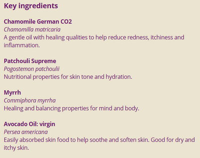 Supplement facts for Scarless Solution 25ml listing ingredients including Avocado oil, Chamomile, Commiphora myrrha, Matricaria Recutita, Myrrh resin