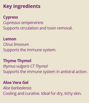 Supplement facts for Skin X Gel 50g listing ingredients including Aloe Barbadensis, Aloe Vera, Cypress Oil, Lemon Extract, Lemon oil