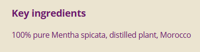 Supplement facts for Spearmint	10ml listing ingredients including Spearmint (Mentha spicata)