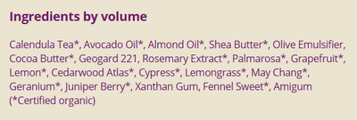 Supplement facts for Toning Lotion 100ml listing ingredients including Avocado (Persea Gratissima), Calendula Extract, Cedarwood Oil, Cocoa Butter, Cypress Oil