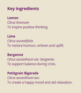 Supplement facts for Uplift 10ml listing ingredients including Bergamot, Citrus Aurantium, Citrus Begamot Extract, Citrus aurantium, Lemon Extract