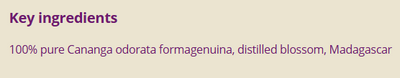 Supplement facts for Ylang Ylang 10ml listing ingredients including Cananga Odorata, Ylang Ylang Oil