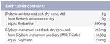 Supplement facts for Berberis Silymarin Complex 60t listing ingredients including Berberine, Berberis aristata, Indian Barberry, Milk thistle, Milk thistle (Silybum marianum)