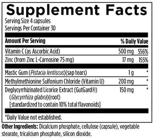 Supplement facts for GastroMend-HP (USA) 120c listing ingredients including Ascorbic Acid, Carnosine, Carnosine (L-Carnosine), Deglycyrrhized licorice, Glycyrrhiza glabra