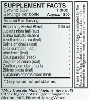 Supplement facts for A-P 30ml listing ingredients including Aloe Ferox, Azadirachta indica, Citrus Aurantium, Ginger (Zingiber officinale), Juglans nigra