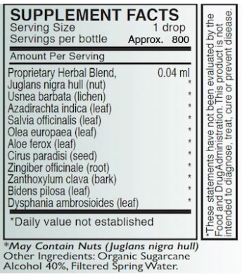 Supplement facts for A-P 30ml listing ingredients including Aloe Ferox, Azadirachta indica, Citrus Aurantium, Ginger (Zingiber officinale), Juglans nigra