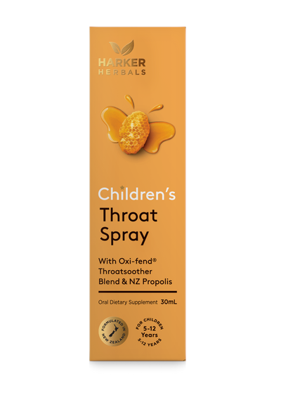 A supplement container of Children's Throat Spray 30ml by Harker Herbals