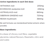 Supplement facts for Immune + Energy 200ml listing ingredients including Ashwagandha (Withania somnifera), Astragalus, Echinacea Angustifolia, Echinacea purpurea, Ginseng