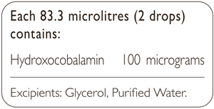 Supplement facts for MTHFR (TheraPure) Hydroxy B12 Drops listing ingredients including Hydroxocobalamin, Vitamin B12