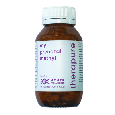 A supplement container of MTHFR (TheraPure) My Prenatal Methyl by MTHFR Support