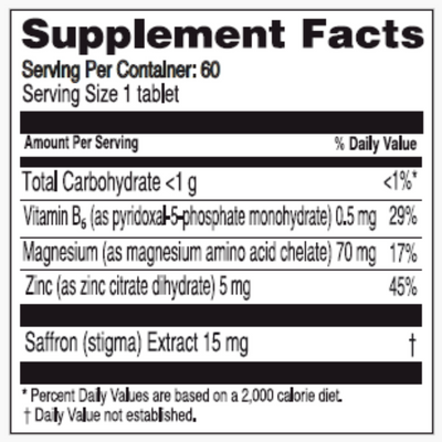 Ingredients: Vitamin B6, Magnesium, Zinc, Saffron.