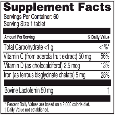 Ingredients: Vitamin C (from acerola fruit extract), Vitamin D (as cholecalciferol), Iron (as ferrous bisglycinate chelate) Bovine Lactoferrin.