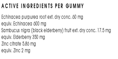 Ingredients: Echinacea purpures root ext, Sambucus nigra (black elderberry) fruit ext, Zinc.