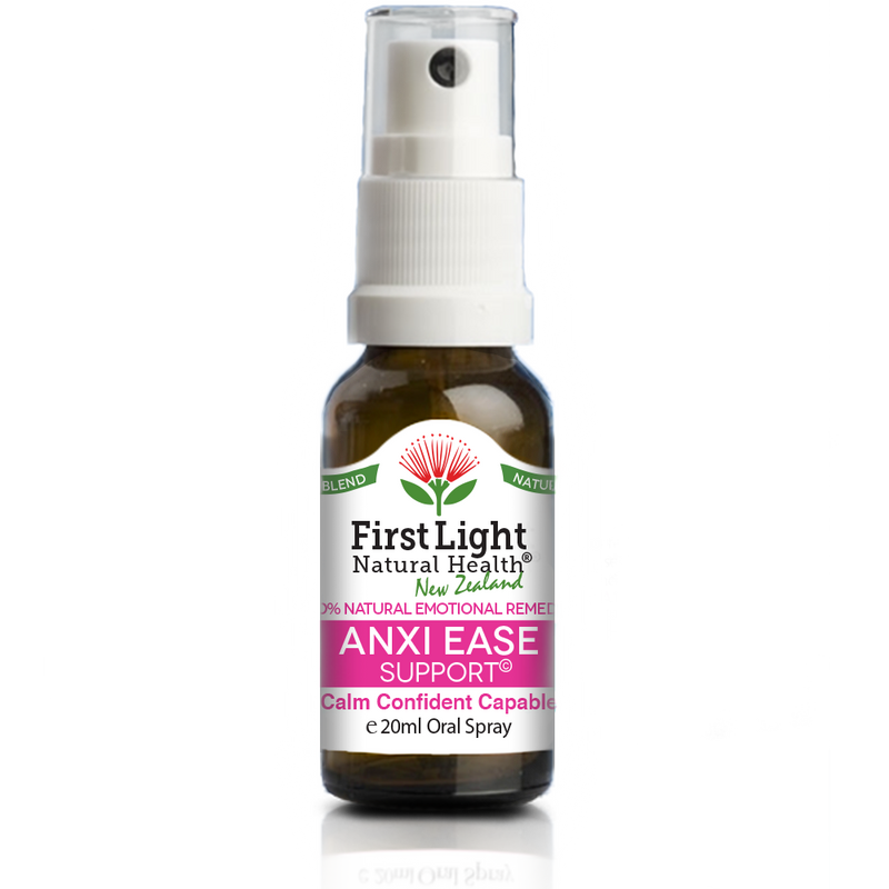 A supplement container of Anxi Ease Support (Calm Confident Capable) 20ml by First Light Natural Health