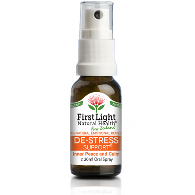 A supplement container of De-Stress Support (Inner Peace and Calm) 20ml by First Light Natural Health