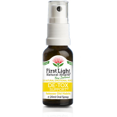 A supplement container of De-Tox Support (Release Old Habits) 20ml by First Light Natural Health