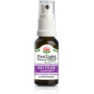 A supplement container of No Fear Support (Uplifted Fearless Courageous) 20ml by First Light Natural Health