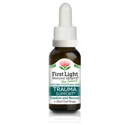 A supplement container of Trauma Support (Freedom and Recovery) 20ml by First Light Natural Health