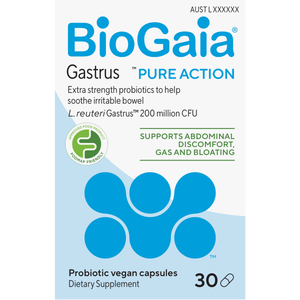 A supplement container of BioGaia Gastrus Pure Action, by BioGaia