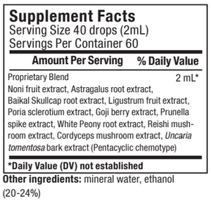 Supplement facts for ImmuneMedix 120ml listing ingredients including Astragalus, Cat's claw (Uncaria tomentosa), Cordyceps, Goji berry, Mushroom extract