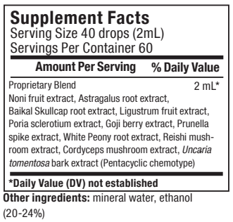 Supplement facts for ImmuneMedix 120ml listing ingredients including Astragalus, Cat's claw (Uncaria tomentosa), Cordyceps, Goji berry, Mushroom extract