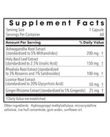 Supplement facts for Herbal Adapt HPA Axis Restore listing ingredients including Ashwagandha, Ginger, Glycyrrhiza glabra, Holy Basil, Licorice