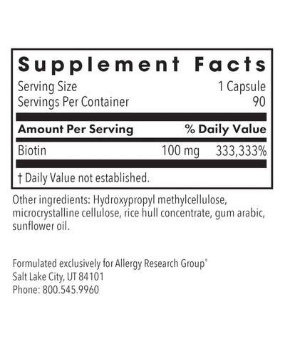 Supplement facts for HiBiotin listing ingredients including Biotin
