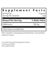 Supplement facts for L Methionine 500Mg listing ingredients including Methionine (L-Methionine)