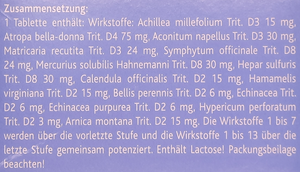 Supplement facts for Traumeel S listing ingredients including Aconite, Arnica montana, Belladonna, Bellis Perennis, Calendula Extract