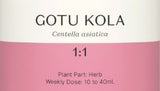 Supplement facts for Gotu Kola 1:1 listing ingredients including Centella Asiatica Gotu Kola, Gotu Kola