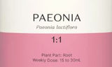Supplement facts for Paeonia 1:1 listing ingredients including Chinese Peony, Peony (Paeonia lactiflora), White Peony (Paeonia lactiflora)