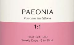 Supplement facts for Paeonia 1:1 listing ingredients including Chinese Peony, Peony (Paeonia lactiflora), White Peony (Paeonia lactiflora)