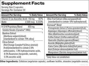 Supplement facts for The Big Glow listing ingredients including Acai Berry, AcaiVida® Acai, Acerola extract, Ascorbic Acid, Asparagus